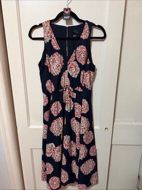 Ann Taylor Navy Midi Fit/Flare Dress with Pink & White Floral Burst